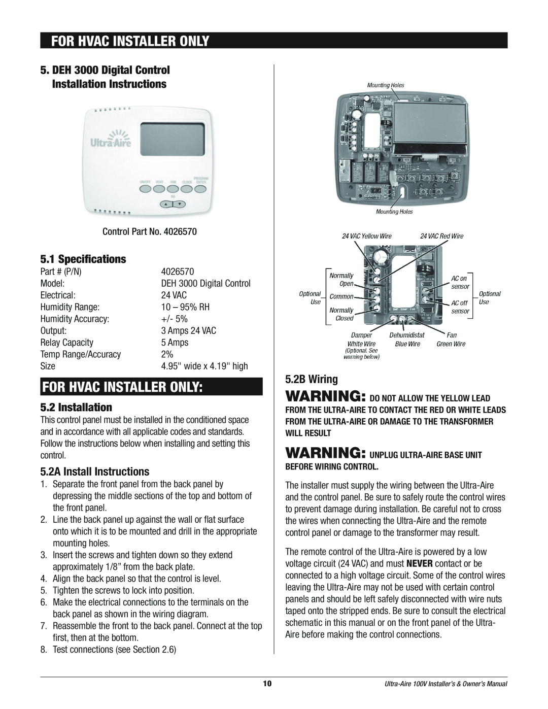 Therma-Stor Products Group Ultra-Aire 100V Specifications, Installation, 5.2A Install Instructions, 5.2B Wiring 