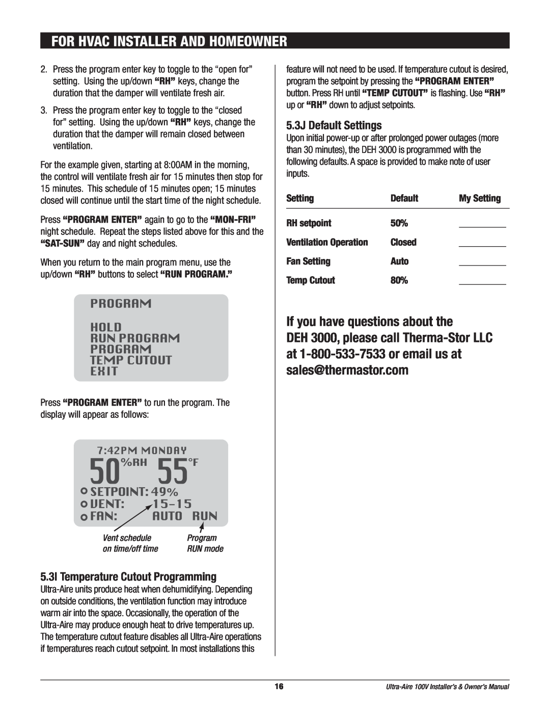 Therma-Stor Products Group Ultra-Aire 100V owner manual 5.3I Temperature Cutout Programming, 5.3J Default Settings 