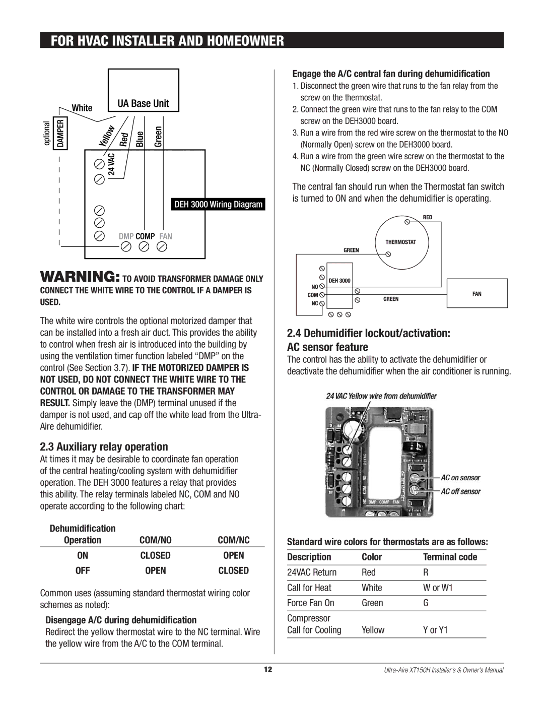 Therma-Stor Products Group XT150H owner manual For Hvac Installer and Homeowner, Auxiliary relay operation 