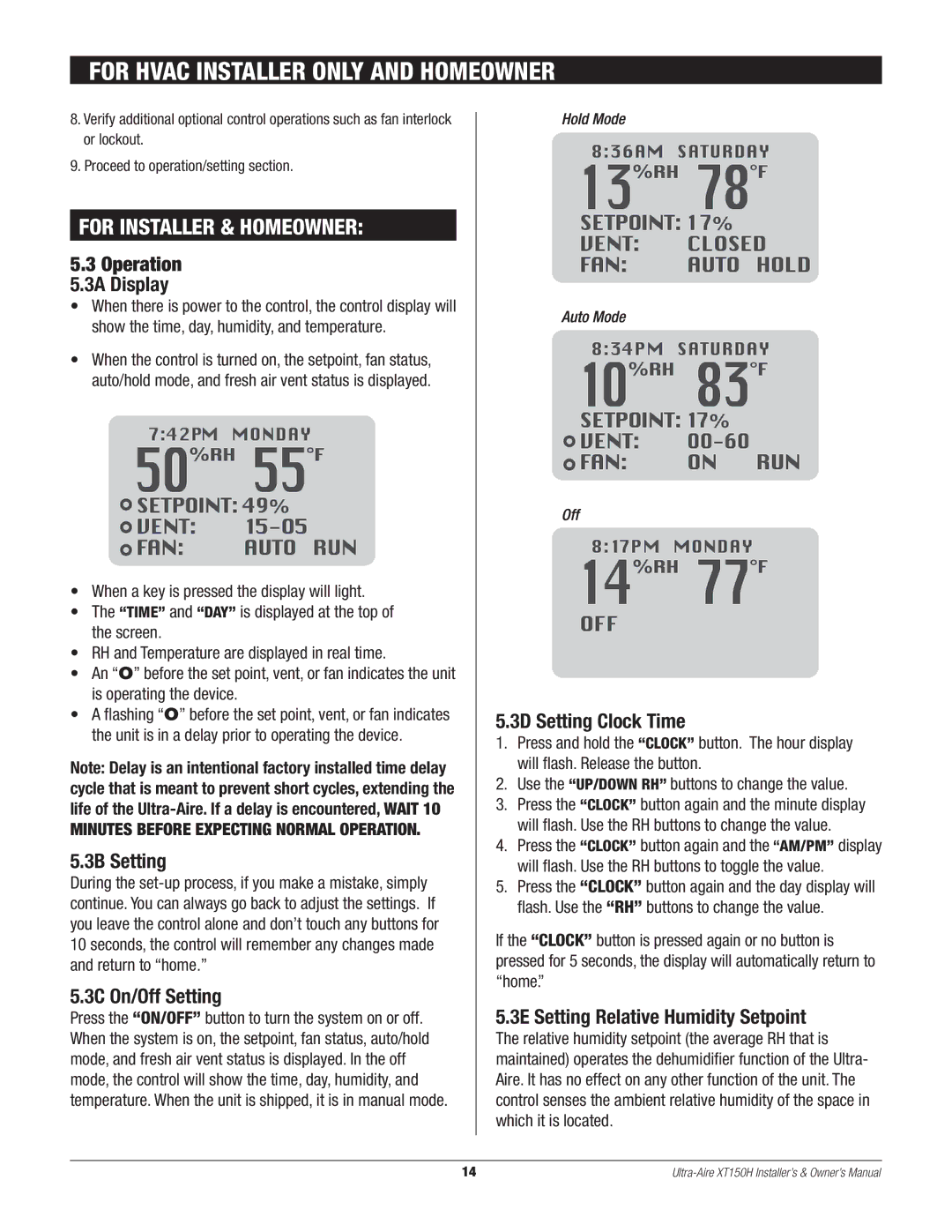 Therma-Stor Products Group XT150H owner manual 3B Setting, 3C On/Off Setting, 3D Setting Clock Time, Operation 5.3A Display 