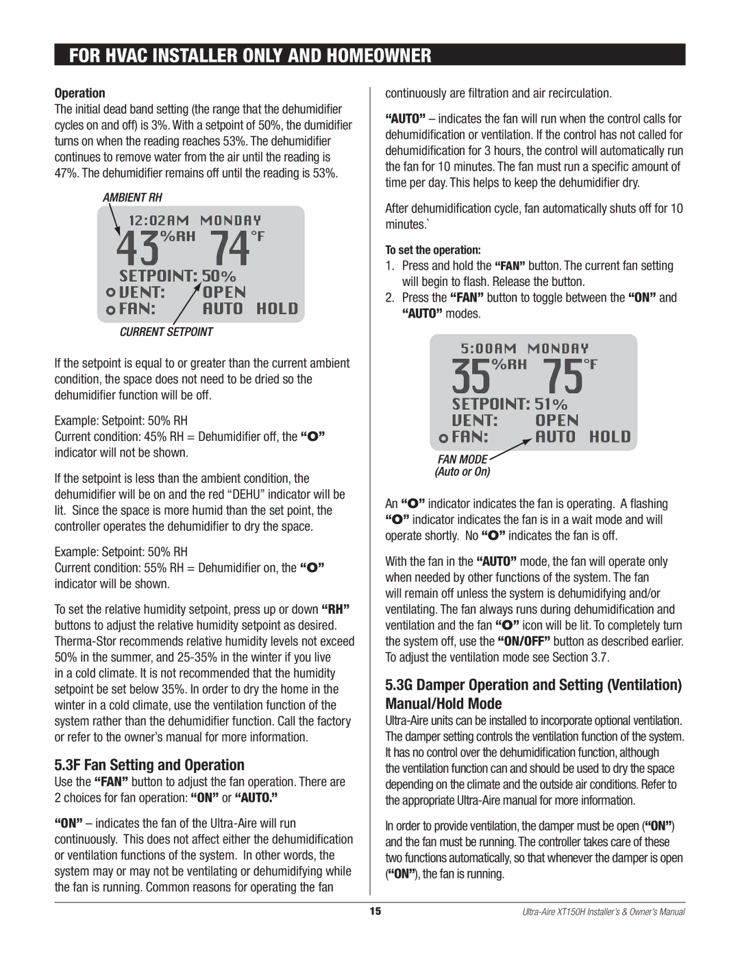 Therma-Stor Products Group XT150H owner manual 3F Fan Setting and Operation 