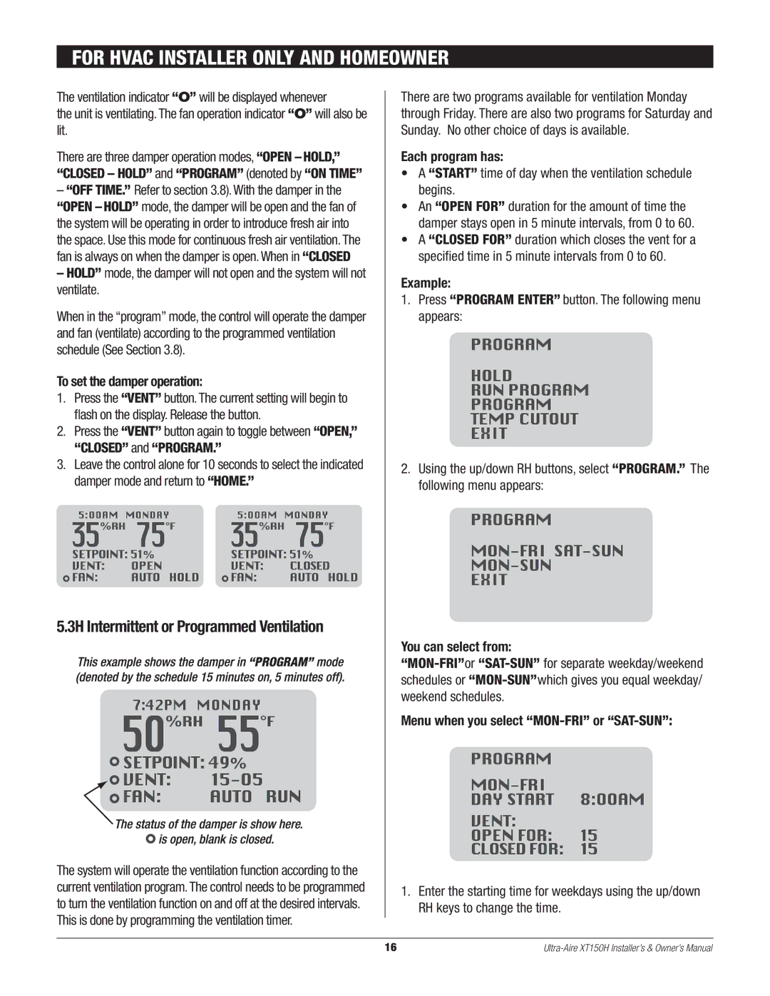 Therma-Stor Products Group XT150H owner manual 3H Intermittent or Programmed Ventilation 