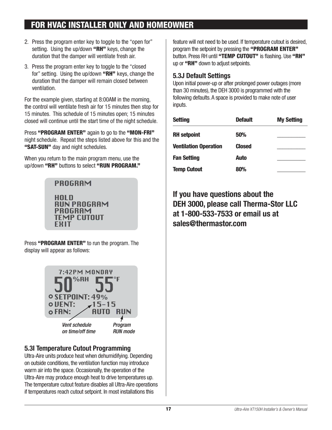 Therma-Stor Products Group XT150H owner manual 3I Temperature Cutout Programming, 3J Default Settings 