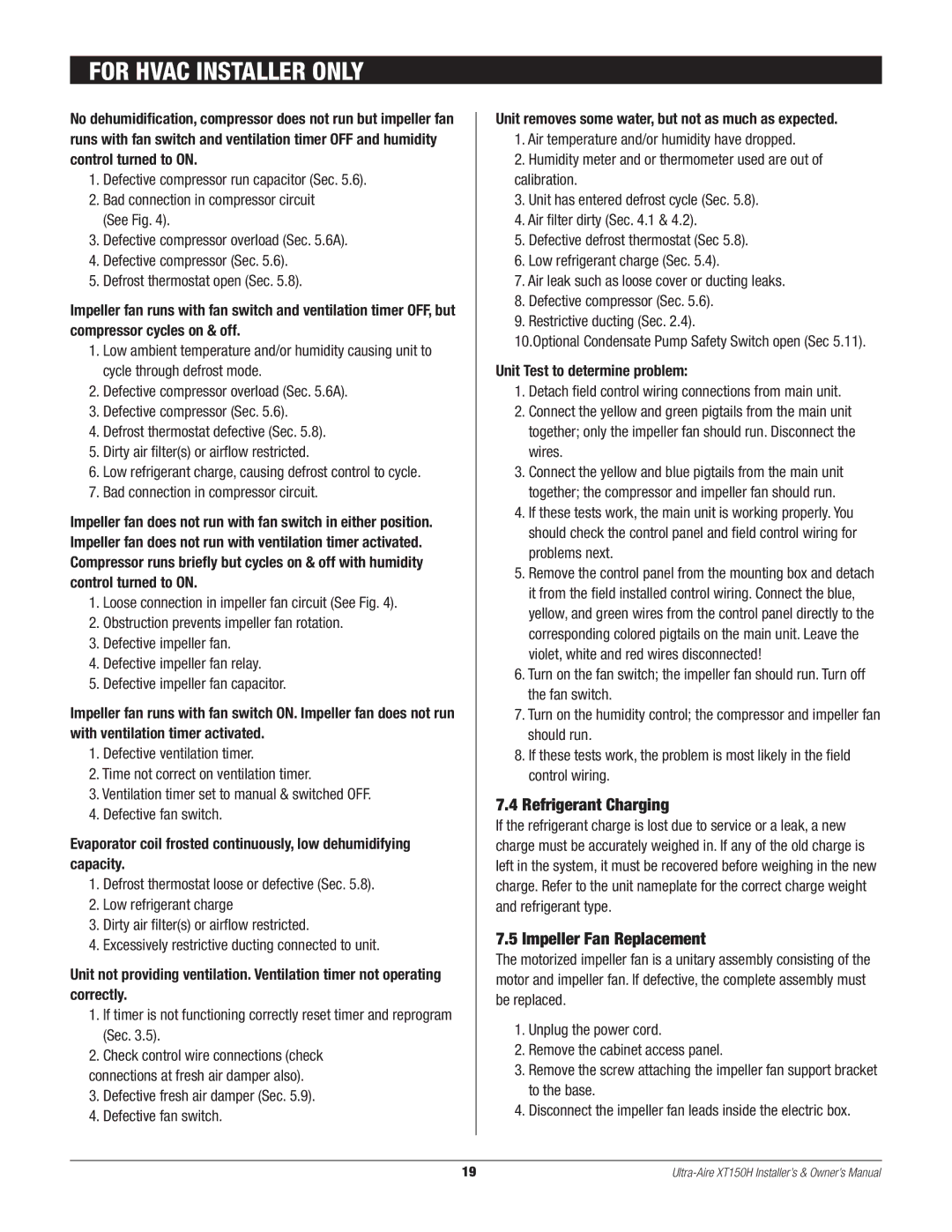 Therma-Stor Products Group XT150H owner manual Refrigerant Charging, Impeller Fan Replacement 