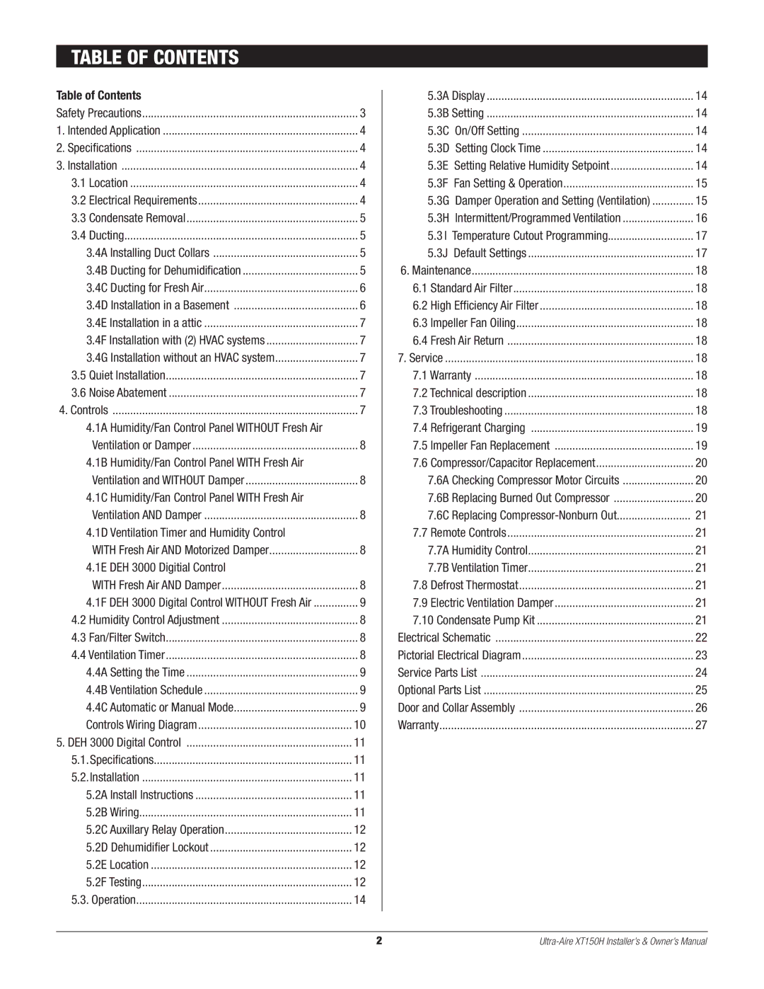 Therma-Stor Products Group XT150H owner manual Table of Contents 