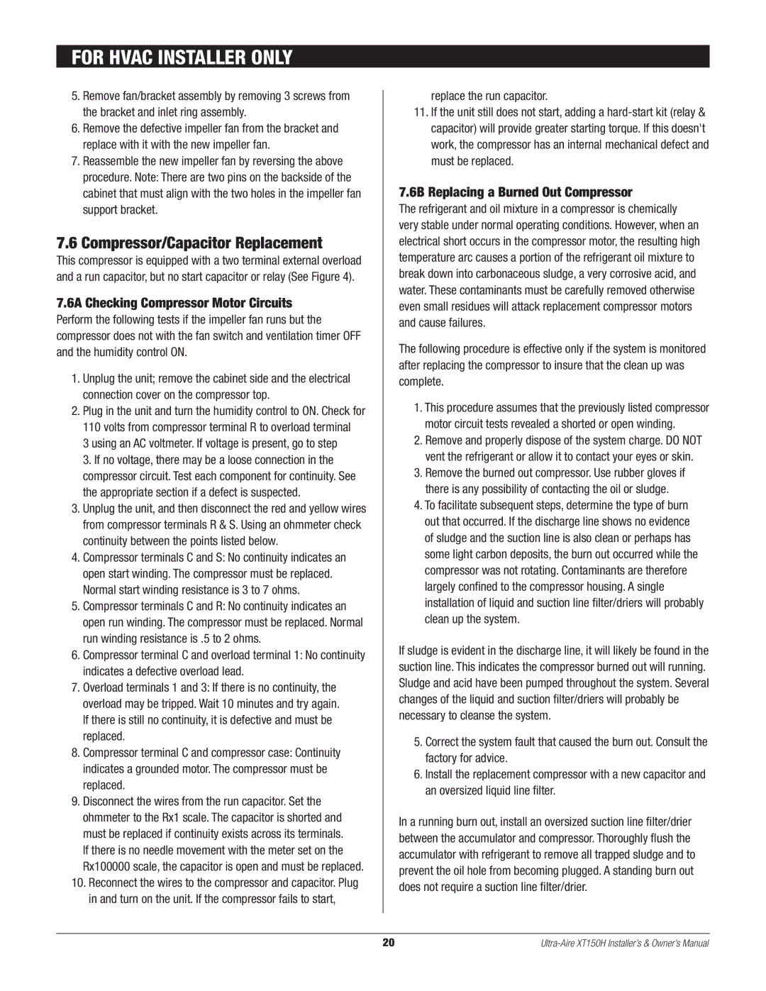 Therma-Stor Products Group XT150H owner manual Compressor/Capacitor Replacement, 6A Checking Compressor Motor Circuits 