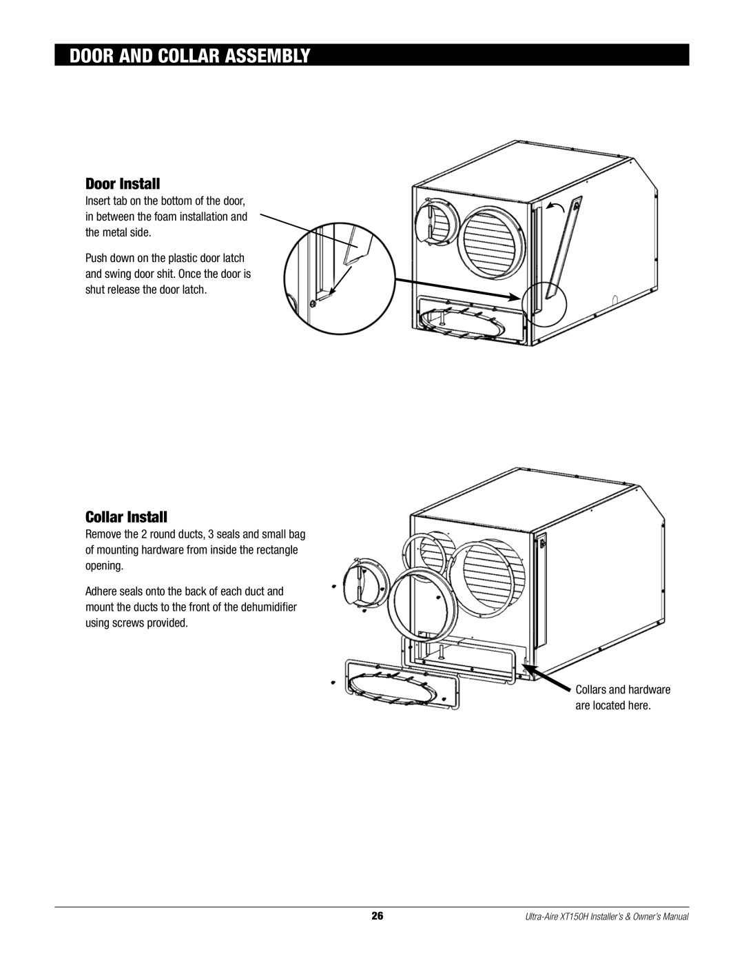 Therma-Stor Products Group XT150H owner manual Door and Collar Assembly, Door Install, Collar Install 