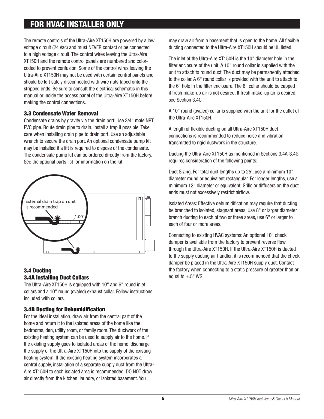 Therma-Stor Products Group XT150H owner manual Condensate Water Removal, Ducting 4A Installing Duct Collars 