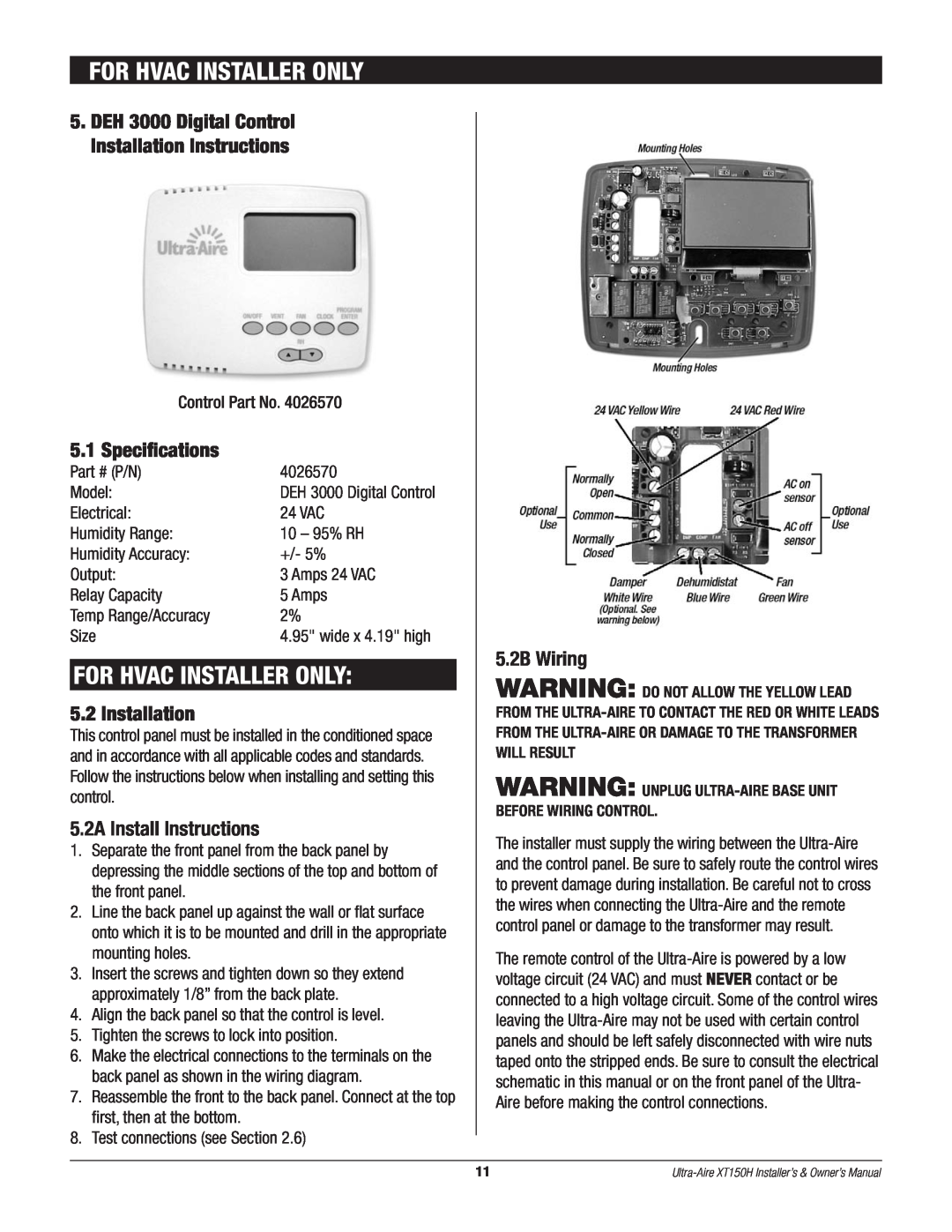 Therma-Stor Products Group XT150H owner manual Specifications, Installation, 5.2A Install Instructions, 5.2B Wiring 