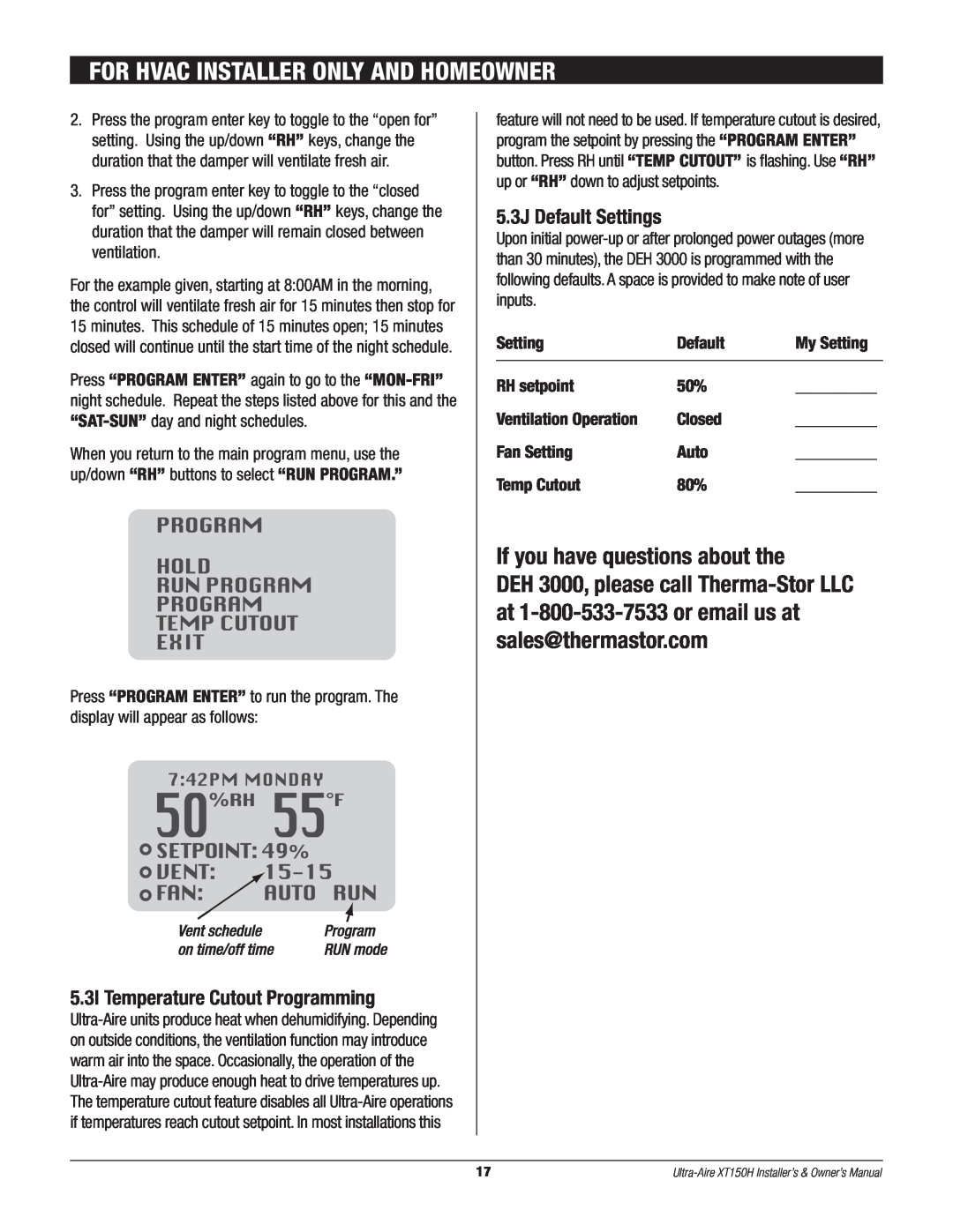 Therma-Stor Products Group XT150H owner manual 5.3I Temperature Cutout Programming, 5.3J Default Settings 