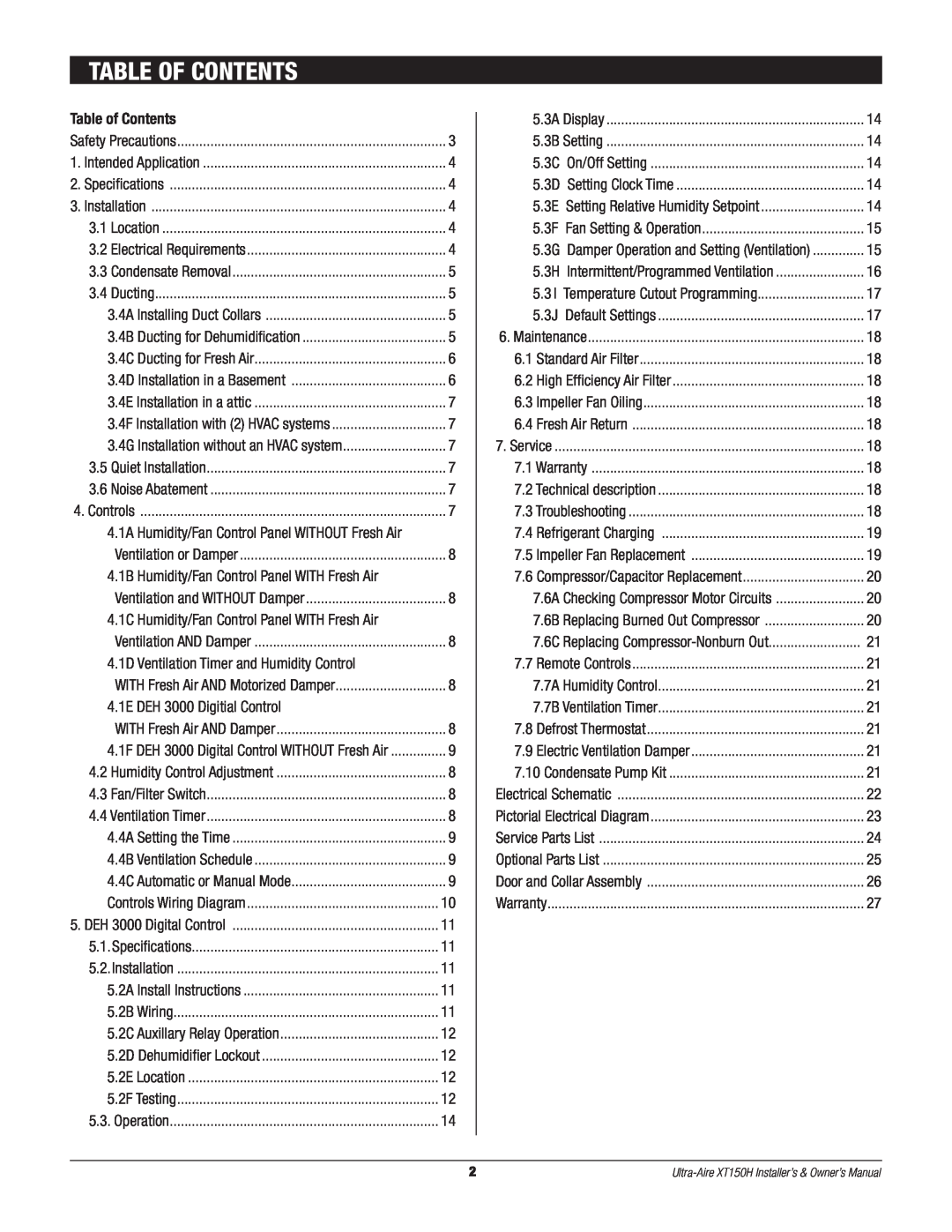 Therma-Stor Products Group XT150H owner manual Table Of Contents, Table of Contents 