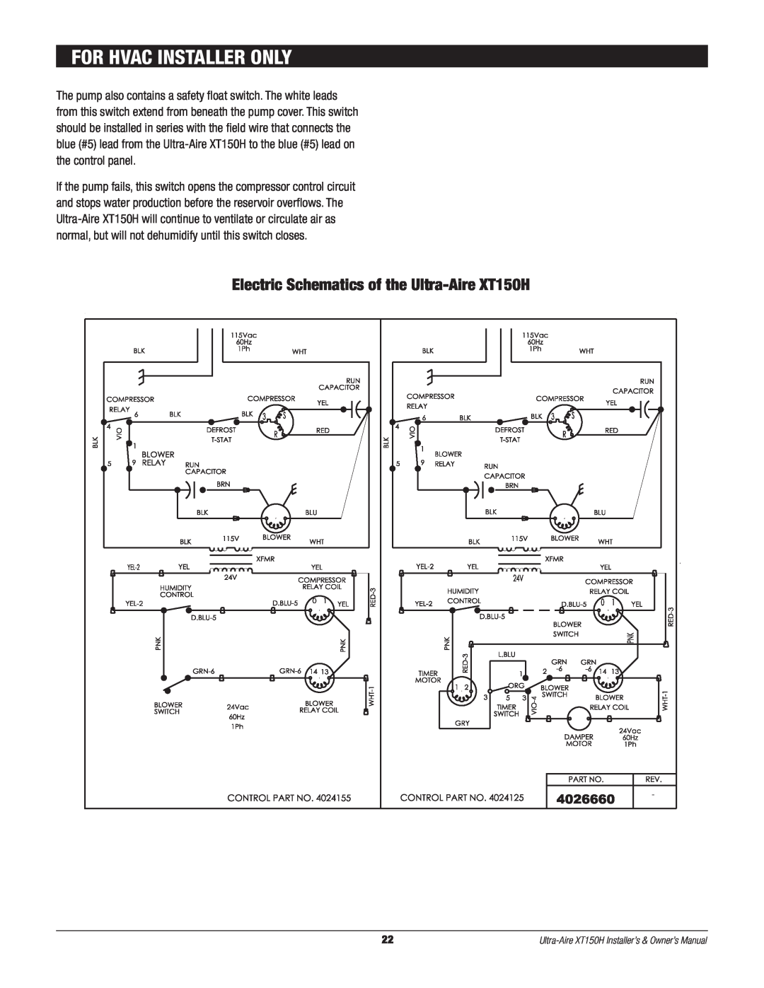 Therma-Stor Products Group owner manual Electric Schematics of the Ultra-AireXT150H, For Hvac Installer Only 