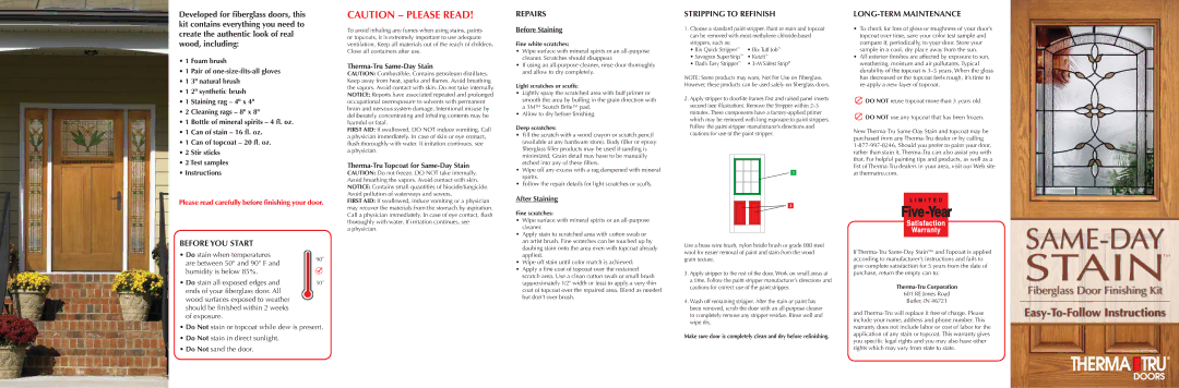 Therma-Tru Finishing Door Kit warranty Before YOU Start, Repairs, Stripping to Refinish, LONG-TERM Maintenance 