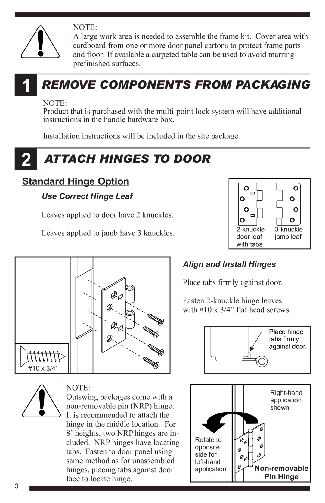 Therma-Tru Hinged Patio Door System Single Panel Assembly Unit Remove Components from Packaging, Attach Hinges to Door 