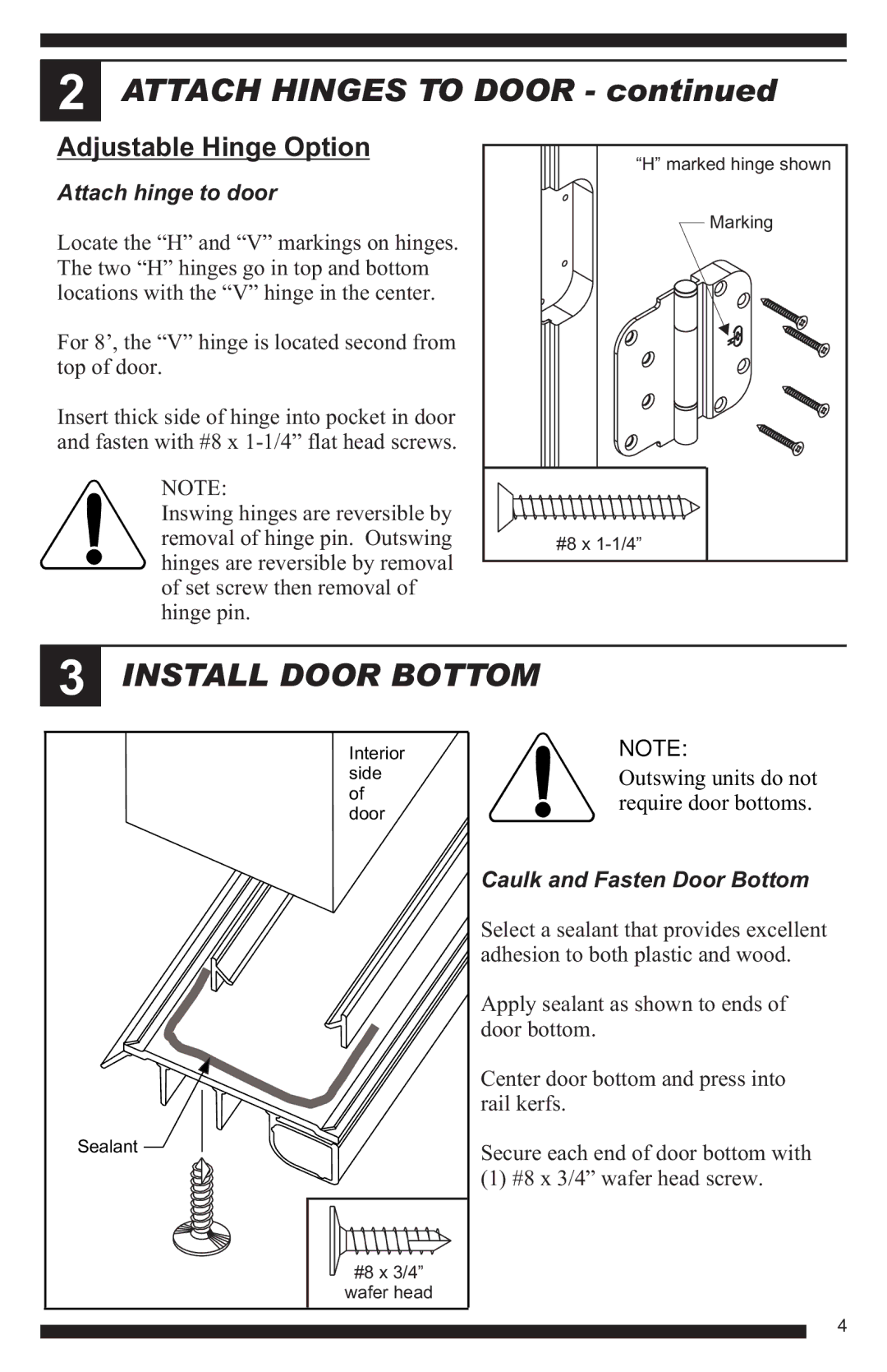 Therma-Tru Hinged Patio Door System Single Panel Assembly Unit manual Attach Hinges to Door, Install Door Bottom 