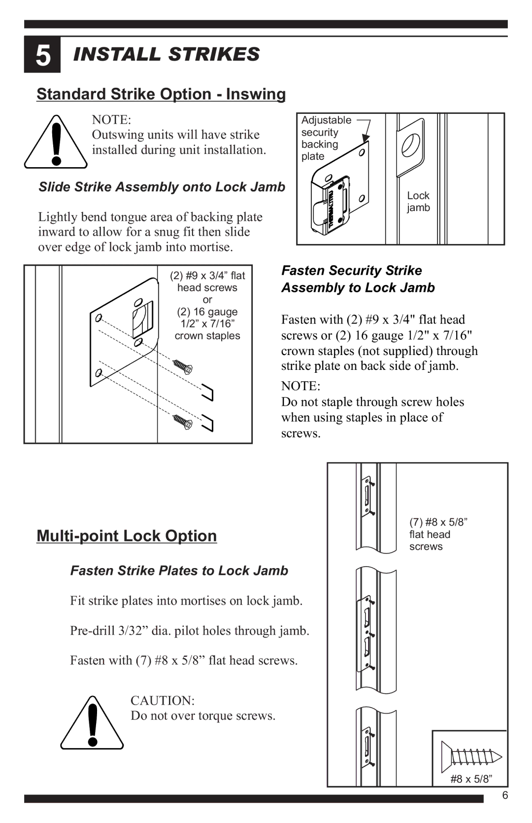 Therma-Tru Hinged Patio Door System Single Panel Assembly Unit manual Install Strikes, Standard Strike Option Inswing 