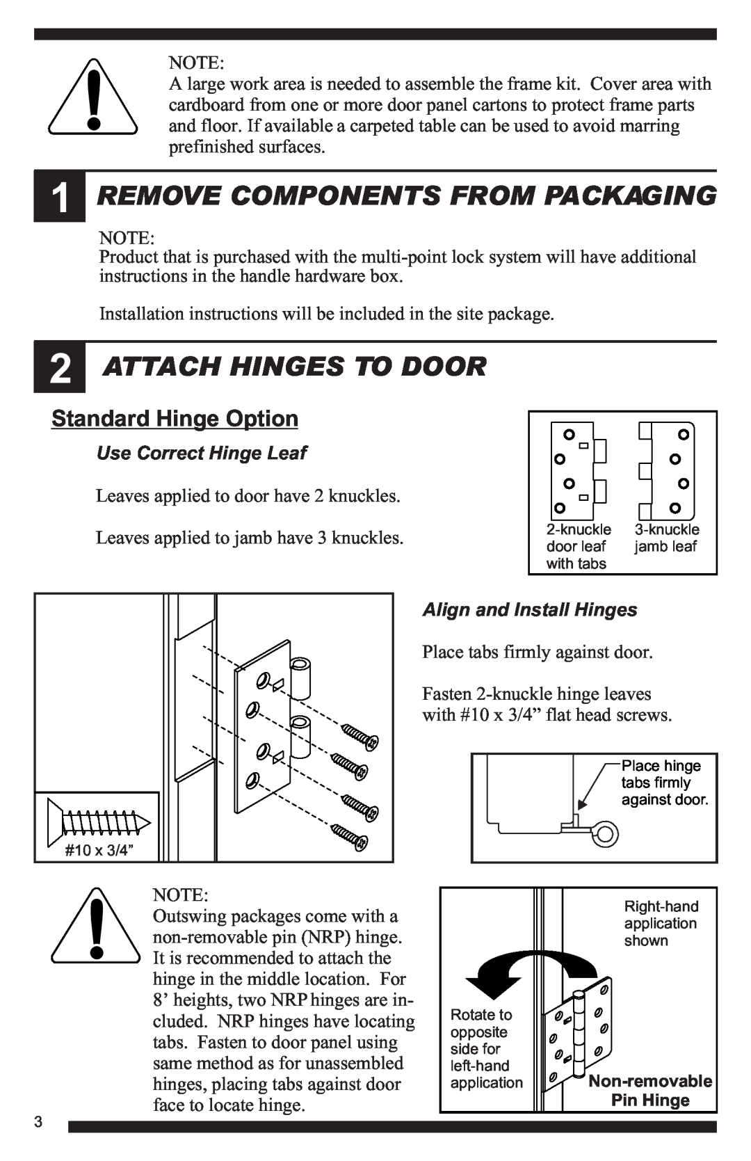 Therma-Tru Hinged Patio Door System Single Panel Assembly Unit Remove Components From Packaging, Attach Hinges To Door 