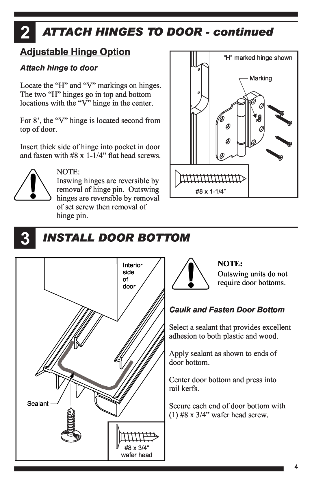 Therma-Tru Hinged Patio Door System Single Panel Assembly Unit ATTACH HINGES TO DOOR - continued, Install Door Bottom 