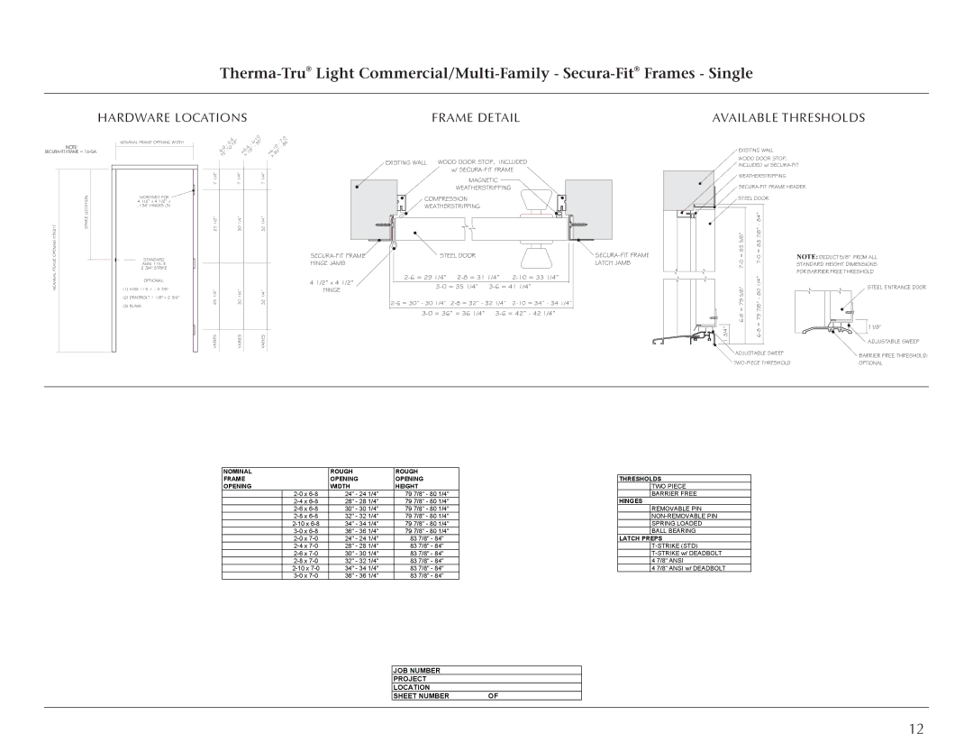 Therma-Tru Light Commercial Doors and Frames manual Nominal Rough Frame Opening Width Height 