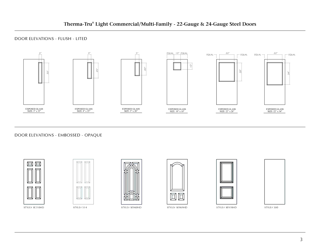 Therma-Tru Light Commercial Doors and Frames manual Door Elevations Flush Lited, Door Elevations Embossed Opaque 