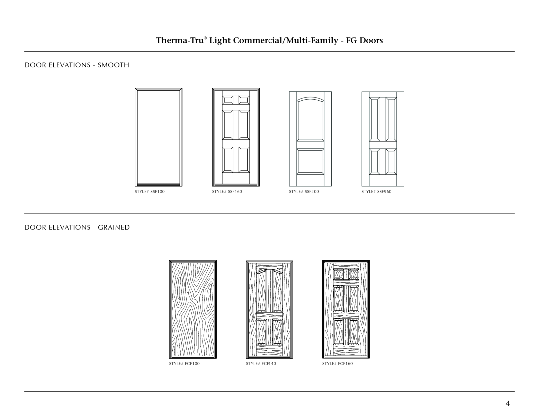 Therma-Tru Light Commercial Doors and Frames manual Door Elevations - Smooth, Door Elevations - Grained, STYLE# SSF100 