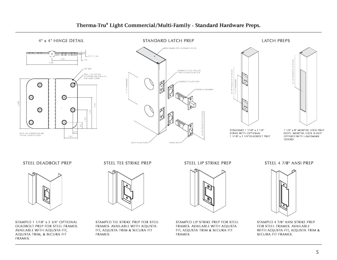 Therma-Tru Light Commercial Doors and Frames 4 x 4 HINGE DETAIL, Standard Latch Prep, Latch Preps, Steel Deadbolt Prep 