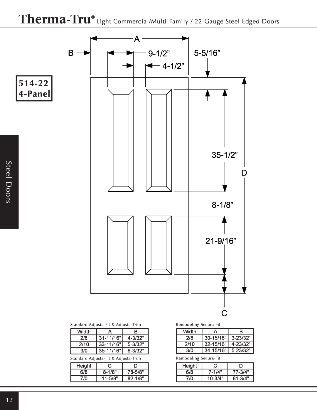 Therma-Tru Light Commercial/Multi-Family / 22 & 24 Gauge Steel Edged Door manual 514-22 4-Panel, 9-1/2”, 5-5/16”, 4-1/2” 