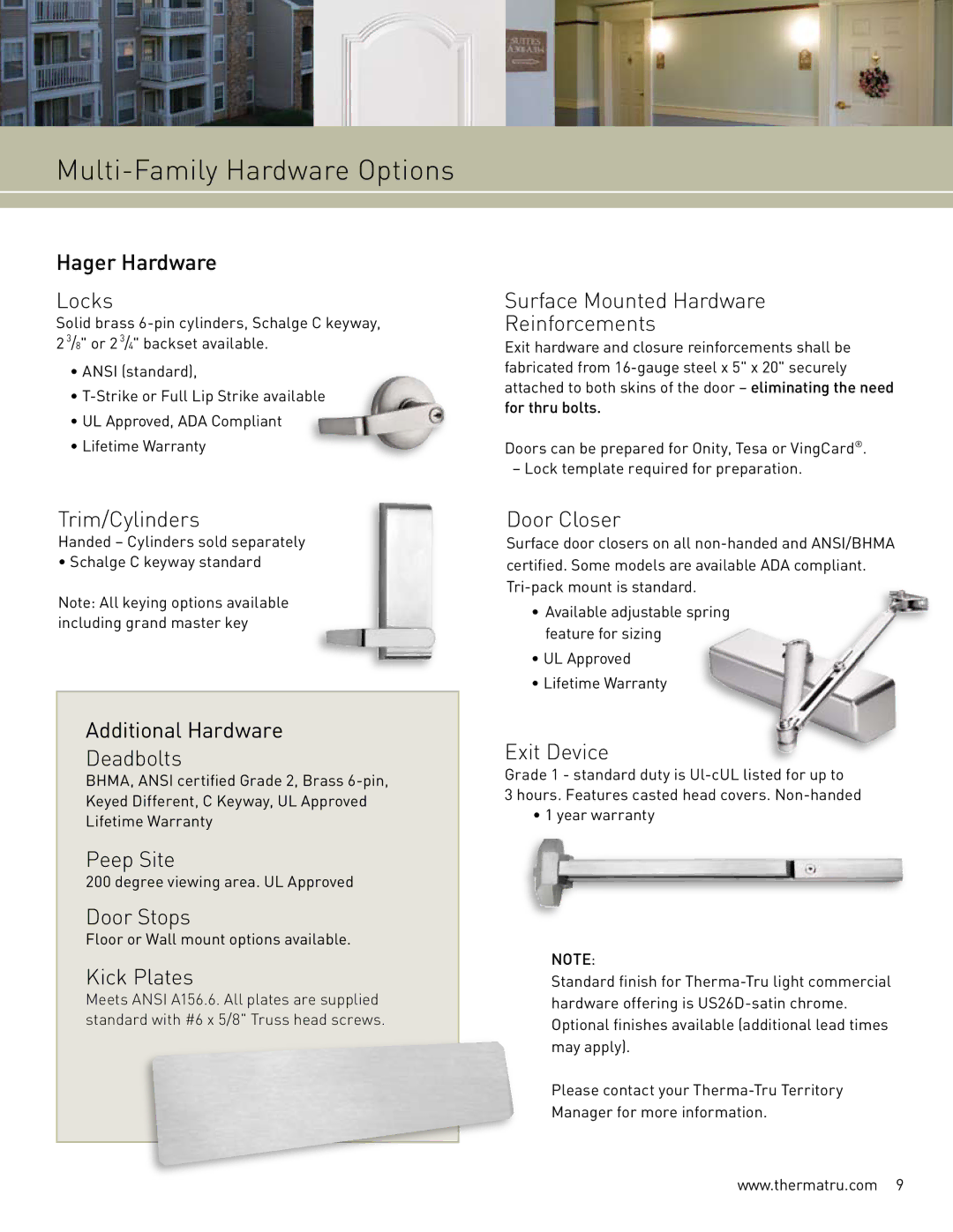 Therma-Tru Light Commercial Pre-Hung, Multi-Family Pre-Hung manual Multi-Family Hardware Options 