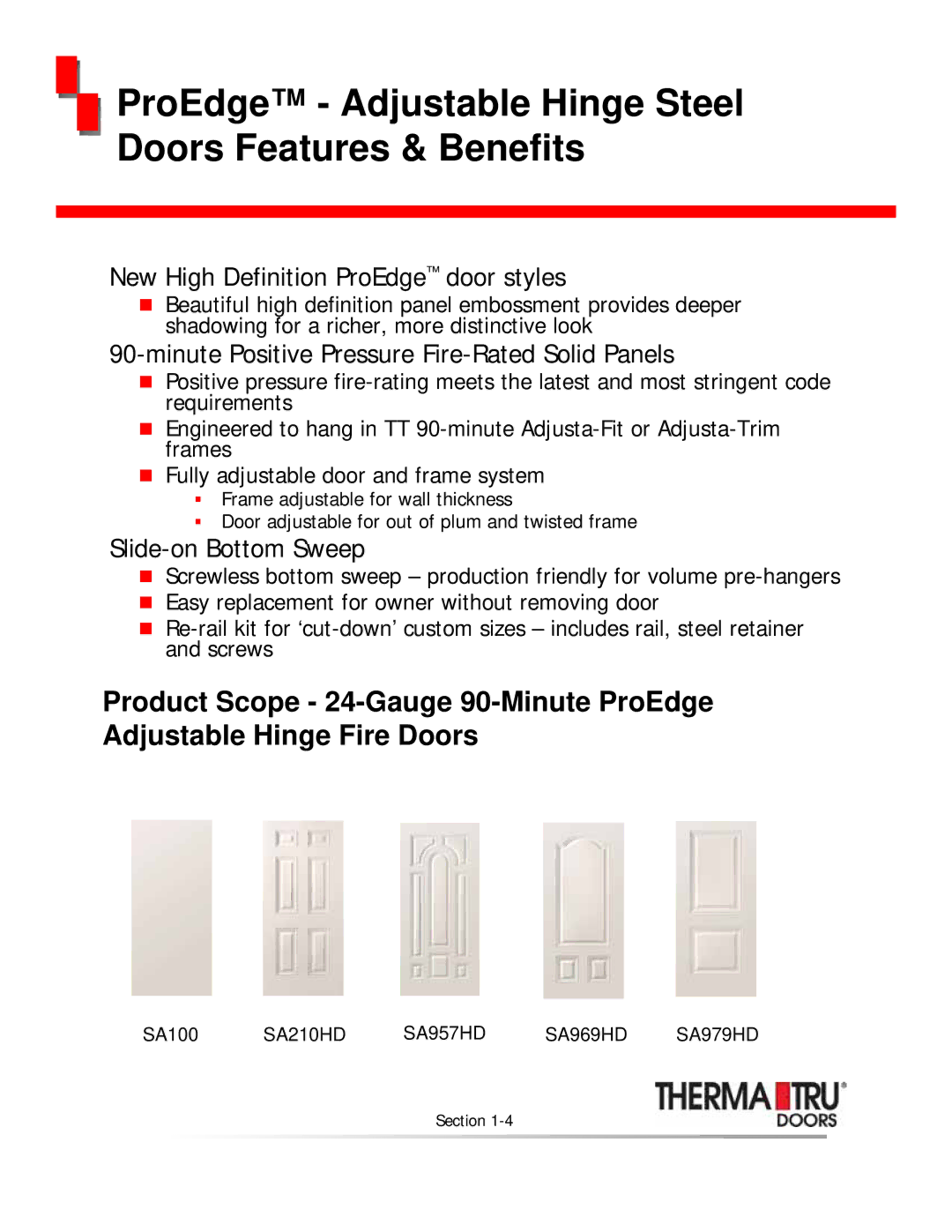 Therma-Tru none manual ProEdge Adjustable Hinge Steel Doors Features & Benefits, New High Definition ProEdge door styles 