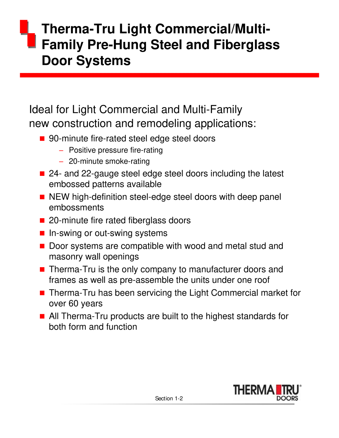 Therma-Tru none manual Therma-TruLight Commercial/Multi, Family Pre-HungSteel and Fiberglass Door Systems 