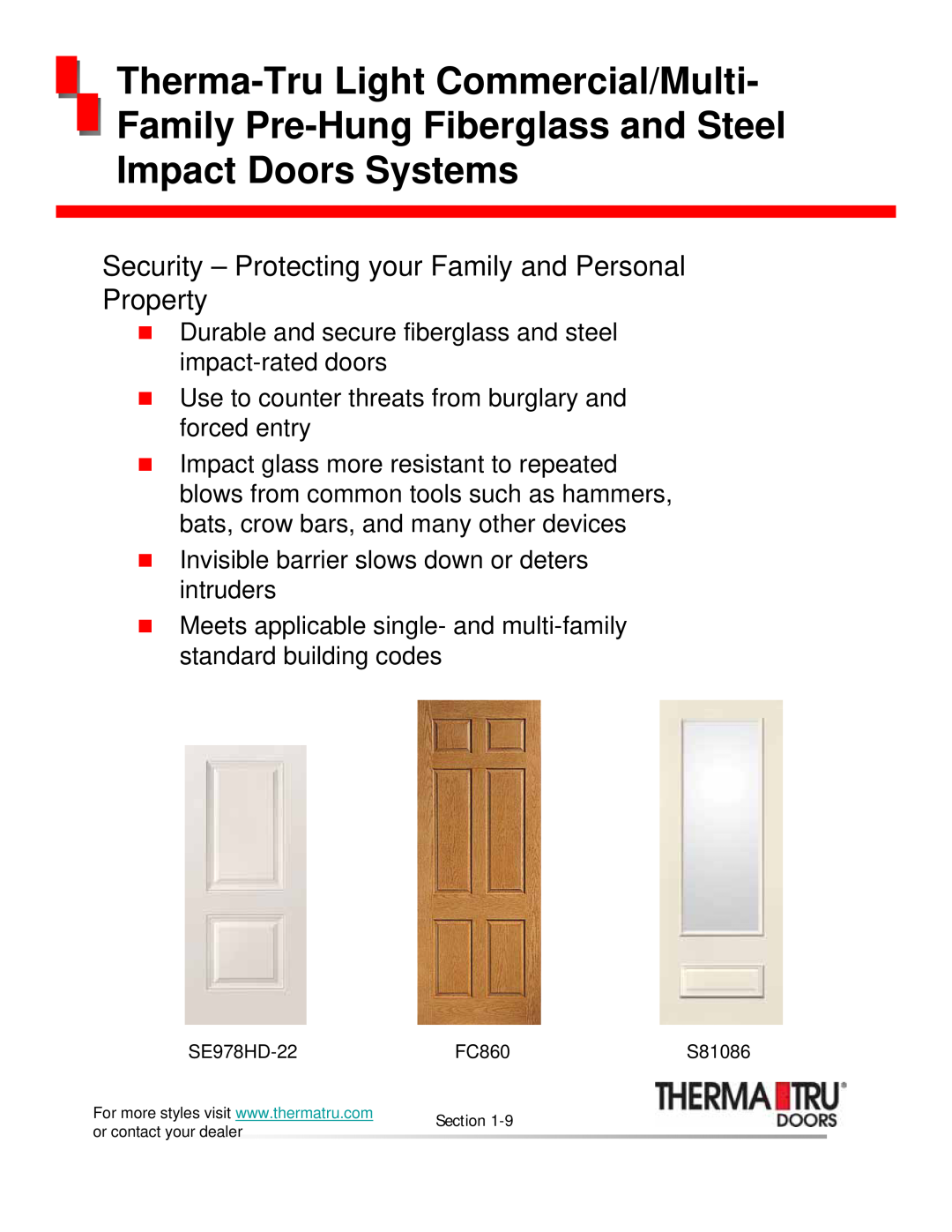 Therma-Tru none manual Family Pre-HungFiberglass and Steel, Impact Doors Systems, Therma-TruLight Commercial/Multi 