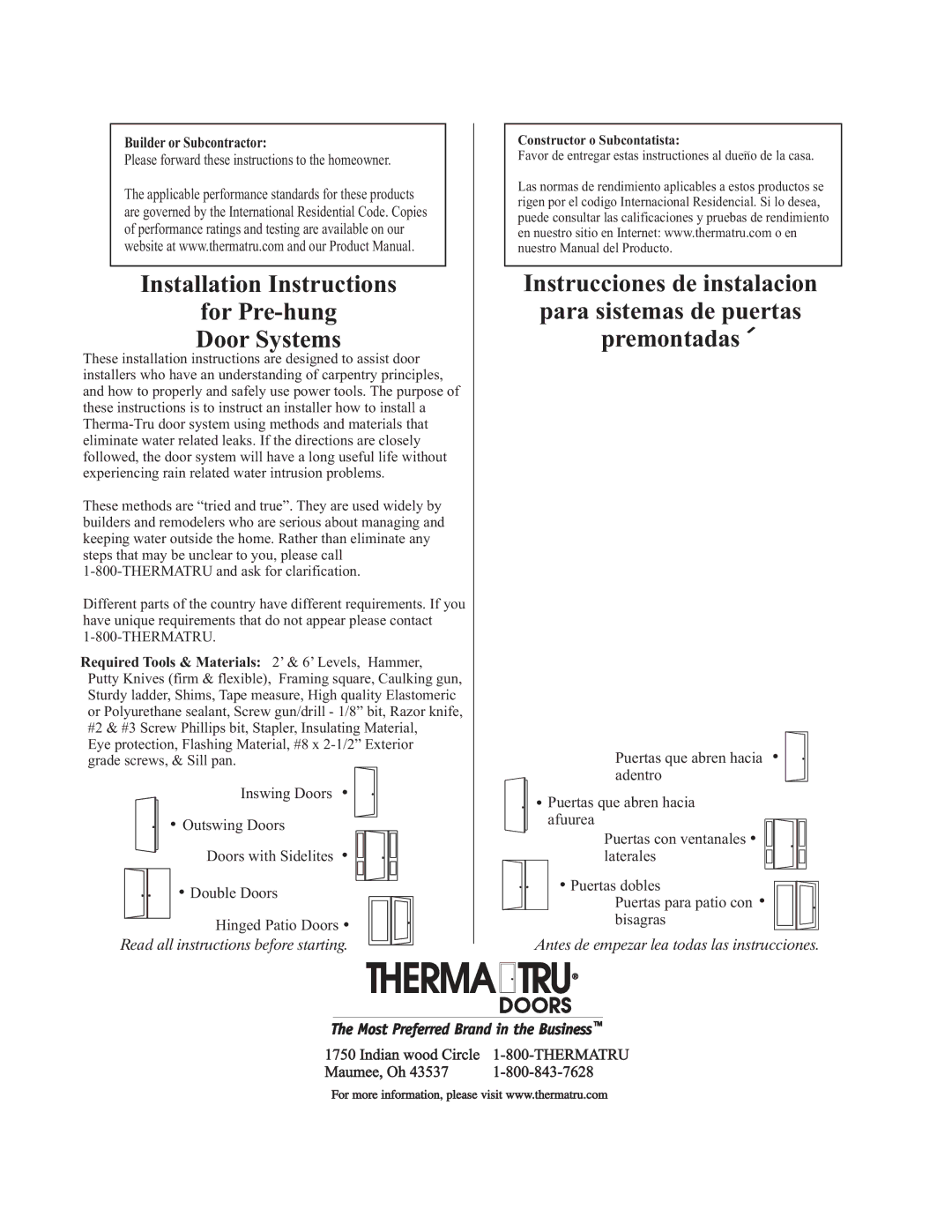 Therma-Tru installation instructions Installation Instructions For Pre-hung Door Systems 