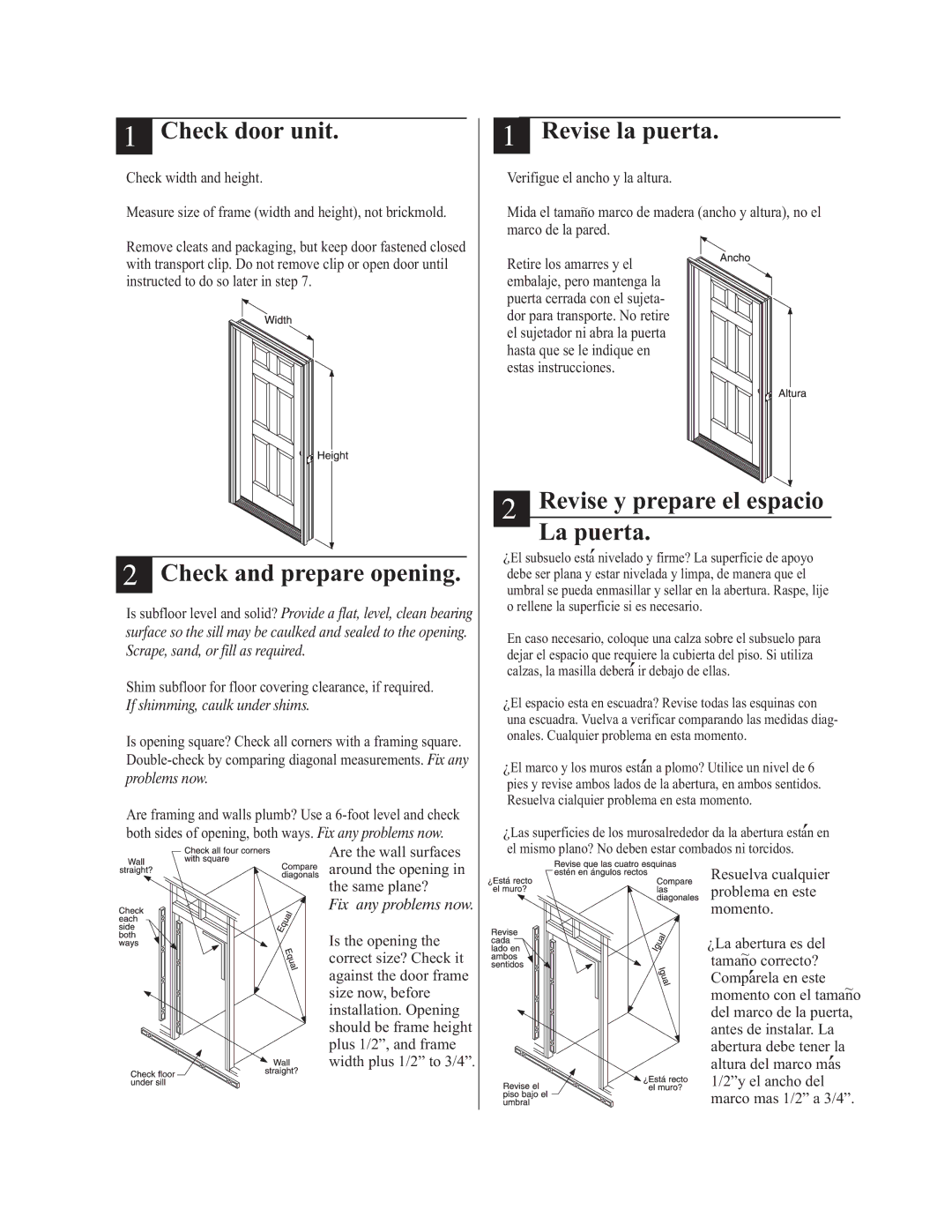 Therma-Tru Pre-hung Door Systems installation instructions Check door unit, Check and prepare opening, Revise la puerta 