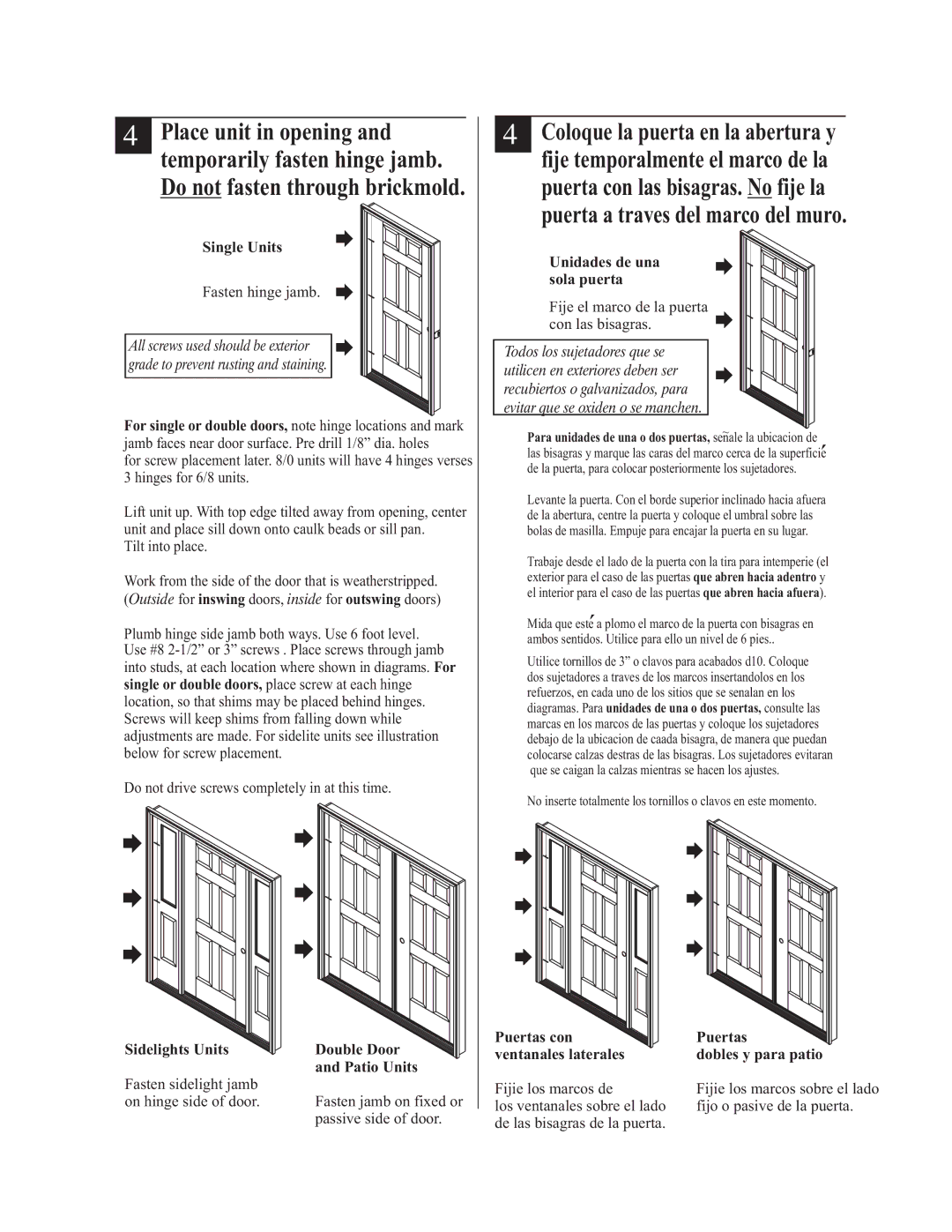 Therma-Tru Pre-hung Door Systems Fasten hinge jamb, Tilt into place, Fije el marco de la puerta con las bisagras 