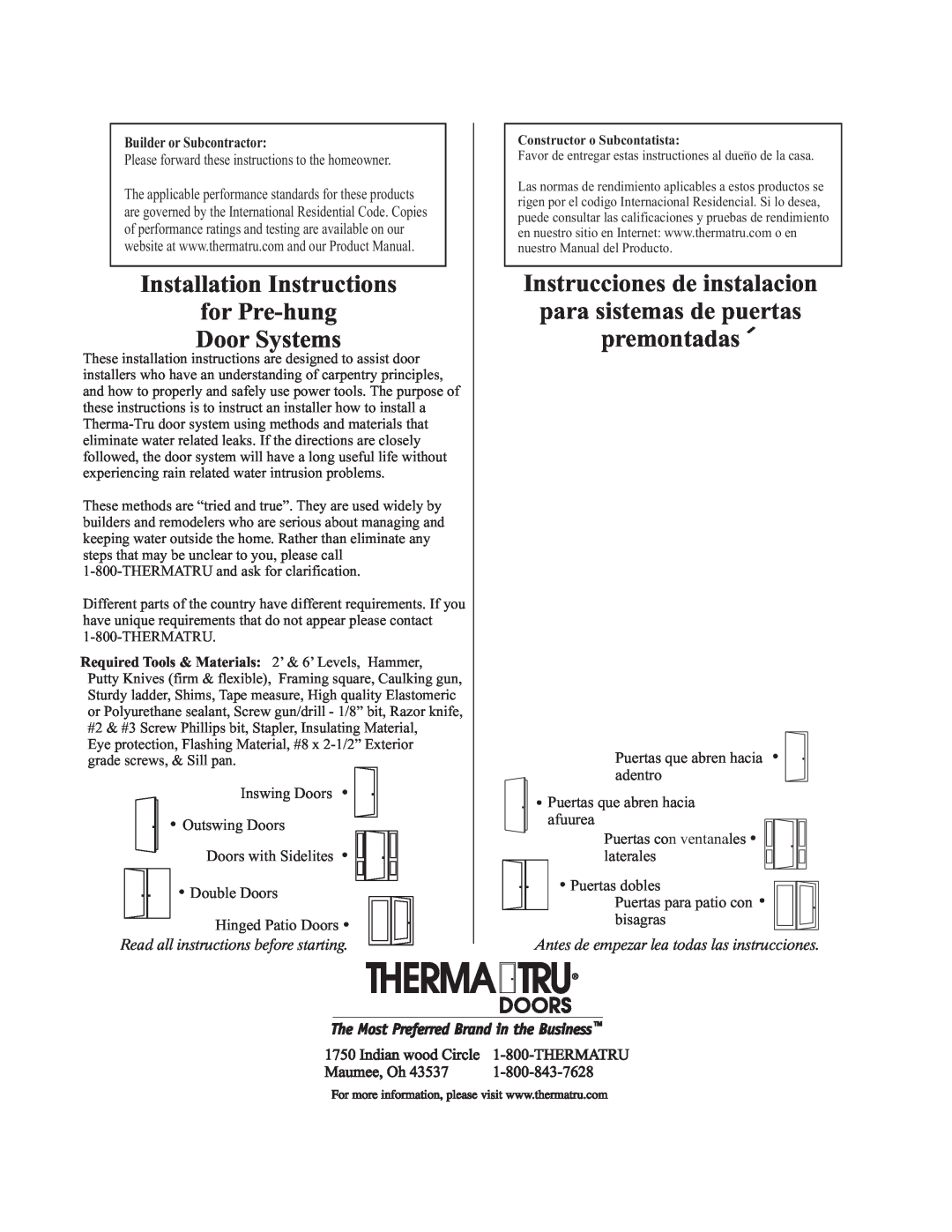 Therma-Tru Pre-hung Door Systems installation instructions Installation Instructions for Pre-hung, Indian wood Circle 