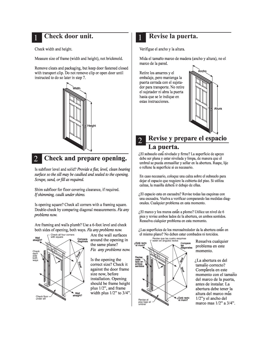 Therma-Tru Pre-hung Door Systems Check door unit, Check and prepare opening, Revise la puerta, Fix any problems now 