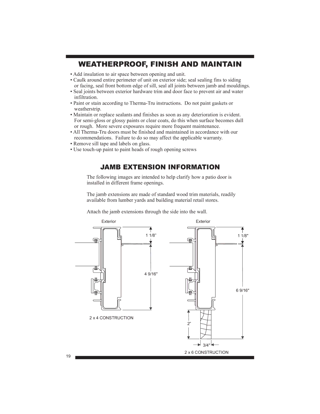 Therma-Tru Smooth-Star, Fiber-Classic manual WEATHERPROOF, Finish and Maintain, Jamb Extension Information 