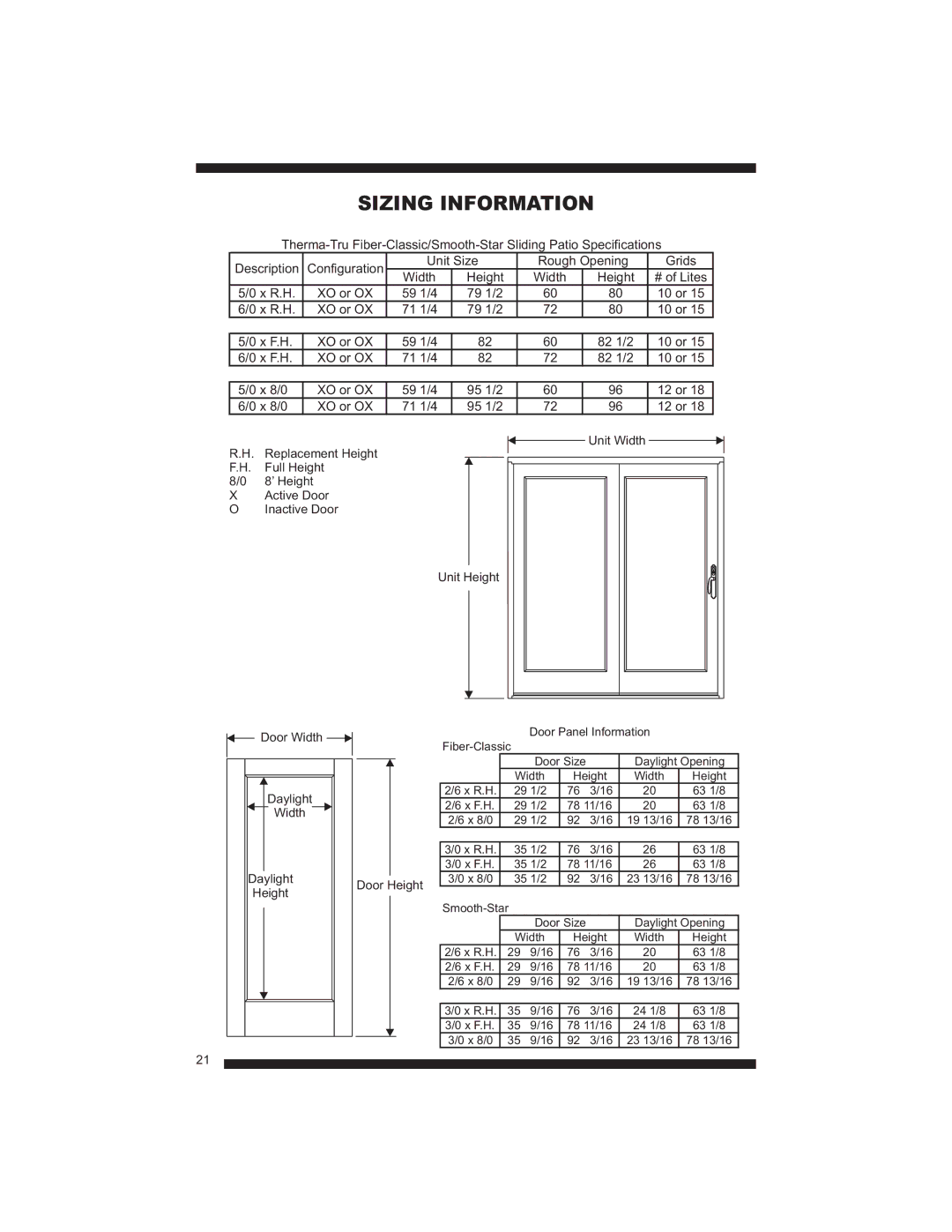 Therma-Tru Smooth-Star, Fiber-Classic manual Sizing Information 