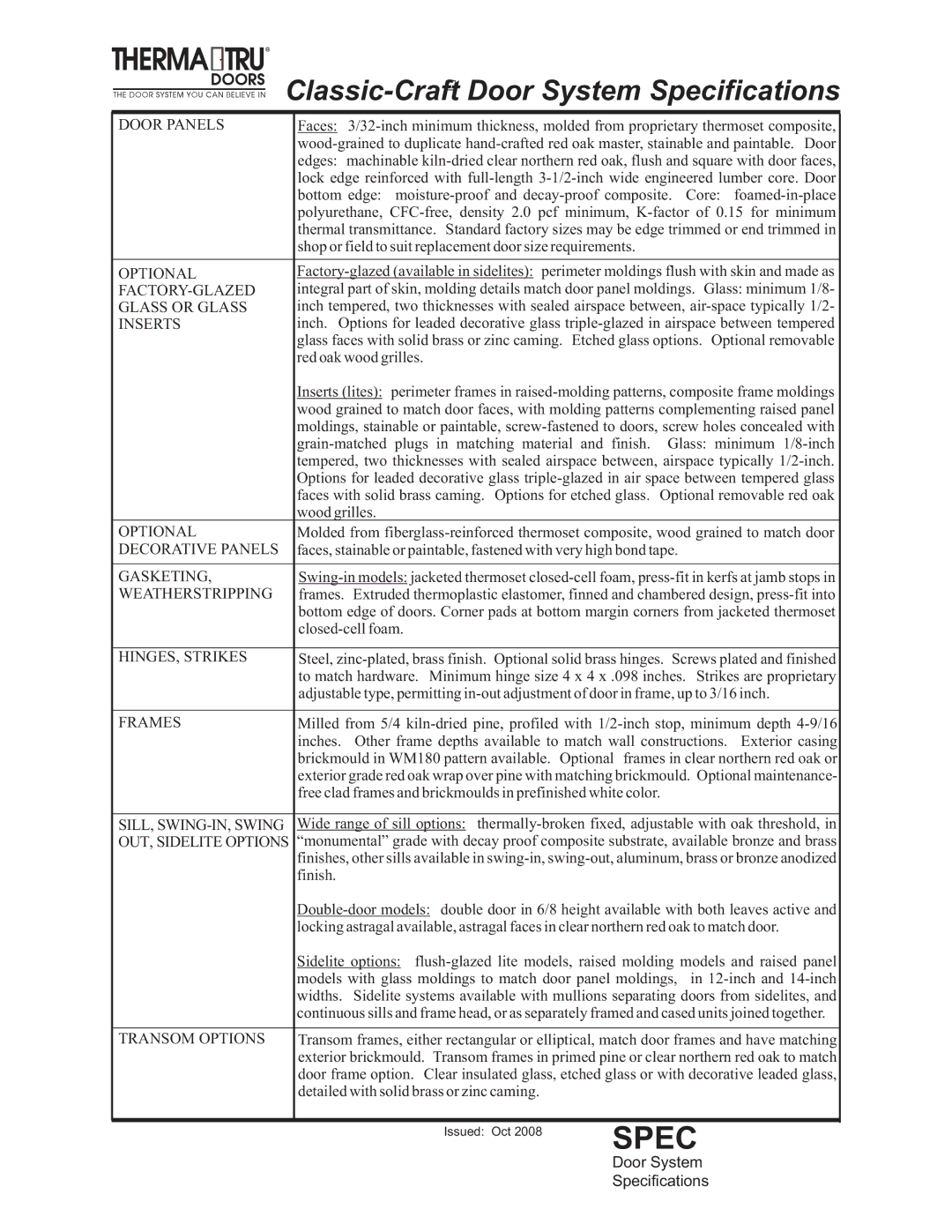 Therma-Tru Double-door, Swing-in specifications Classic-Craft⎠Door System Specifications 