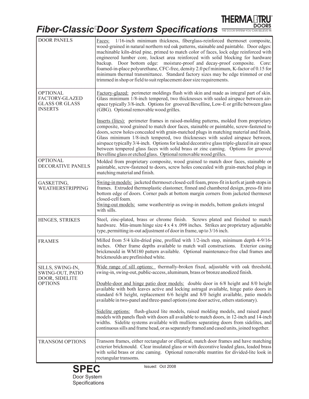 Therma-Tru Swing-in Fiber-Classic⎠Door System Specifications, Sills, Swing-In, SWING-OUT, Patio, DOOR, Sidelite Options 