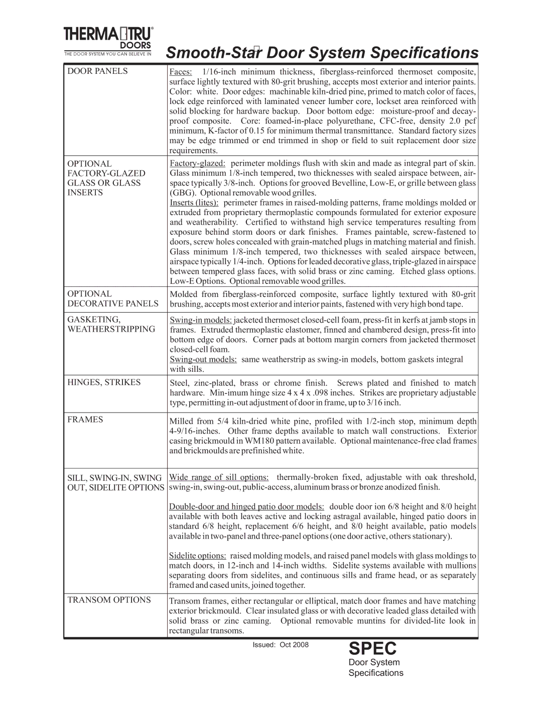 Therma-Tru Double-door, Swing-in specifications Smooth-Star Door System Specifications 