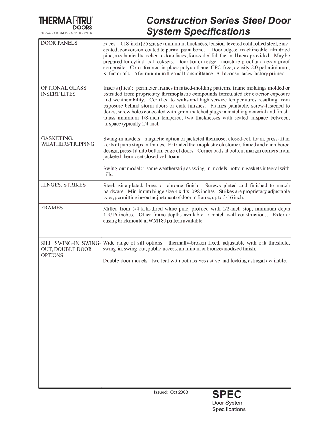 Therma-Tru Double-door, Swing-in specifications Construction Series Steel Door, Optional Glass, Insert Lites 