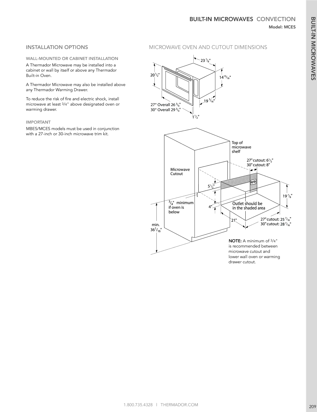 Thermador 200 manual Microwave Oven and Cutout Dimensions, THERMADOR.COM 209 