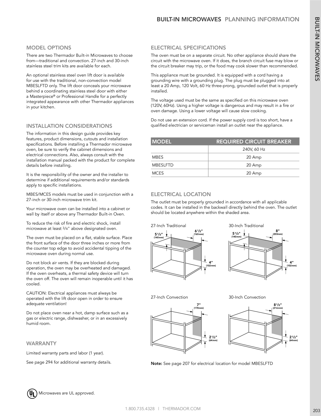 Thermador 200 manual Model Options, Installation Considerations, Warranty, Electrical Specifications, Electrical Location 