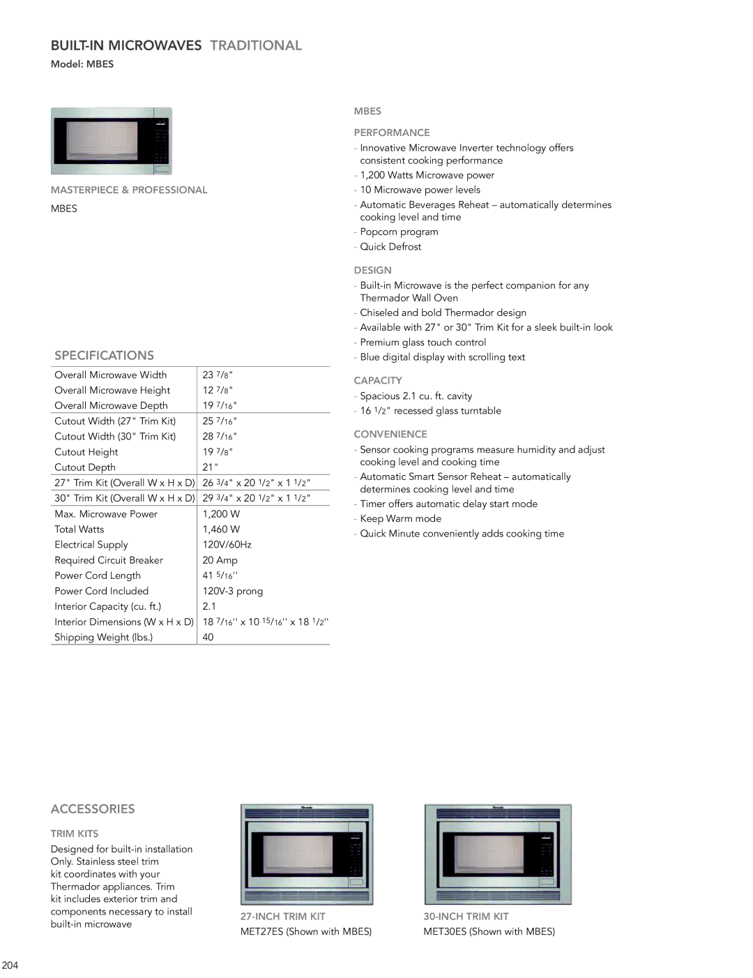 Thermador 200 manual Specifications, Accessories 