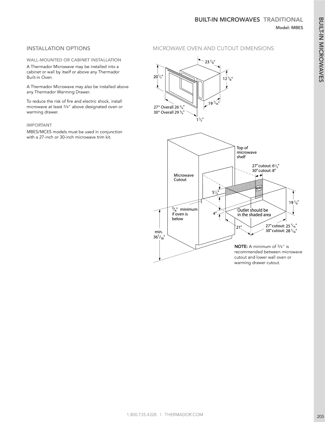 Thermador 200 manual Installation Options, WALL-MOuNTED or Cabinet Installation, THERMADOR.COM 205 