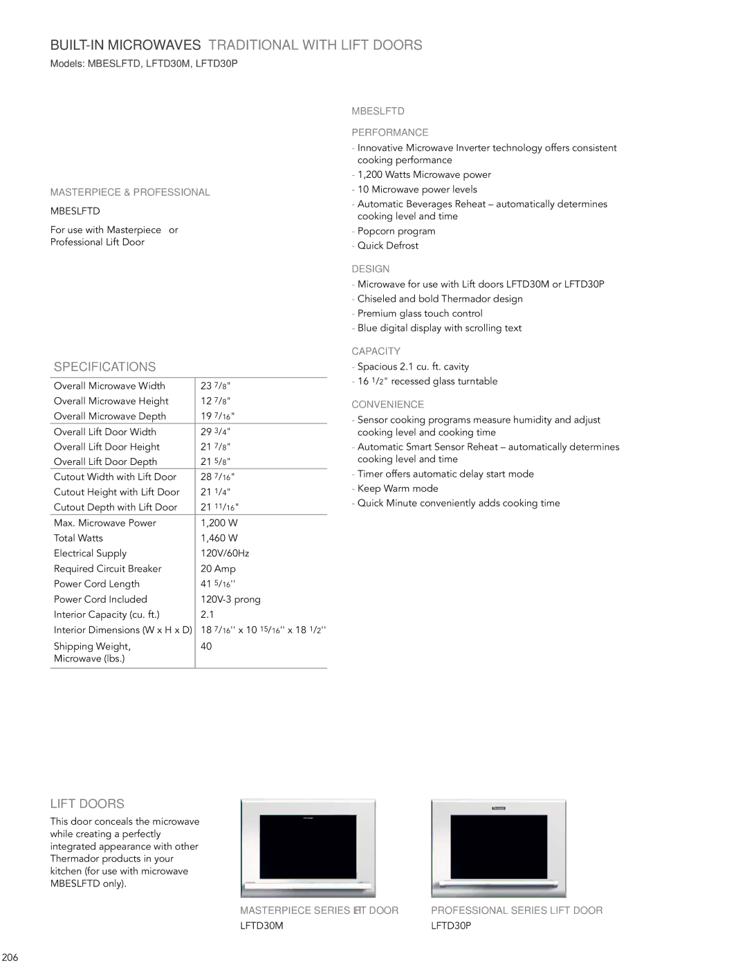 Thermador 200 Masterpiece & PROfESSIONAL, MBESLfTD PERfORMANCE, Masterpiece Series LIfT Door PROfESSIONAL Series LIfT Door 