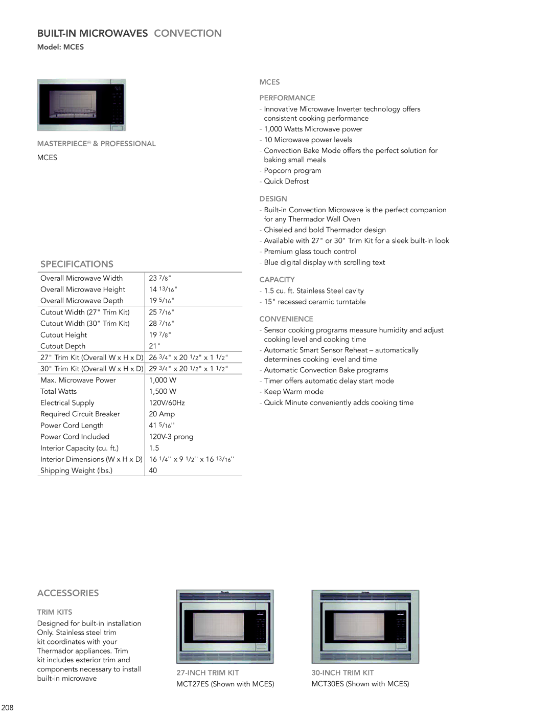 Thermador 200 manual Mces Performance, INCh Trim KIT MCT27ES Shown with Mces 