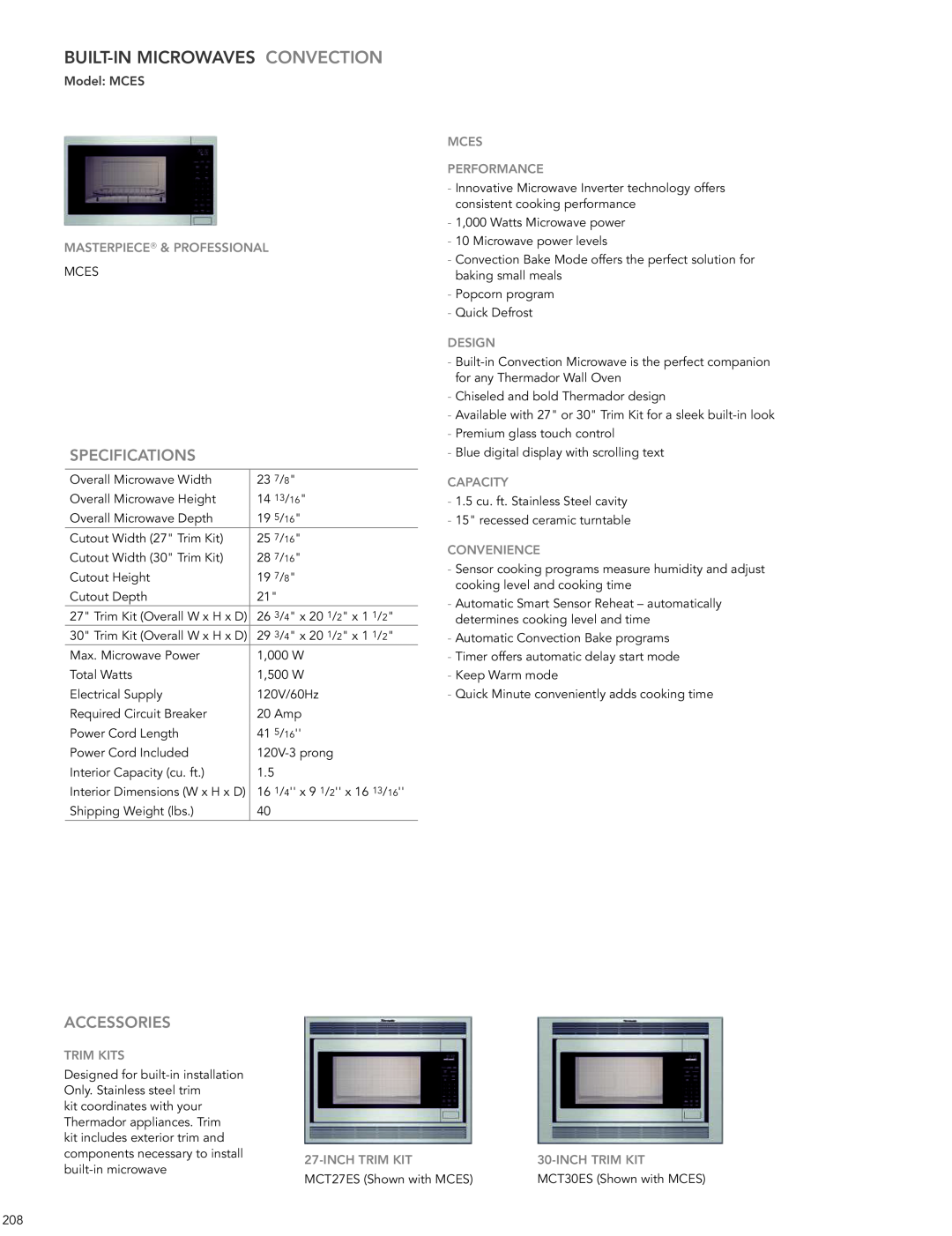 Thermador 200 Built-In Microwaves Convection, Model MCES, Mces Performance, INCh TRIM KIT, MCT27ES Shown with MCES, DESIgN 
