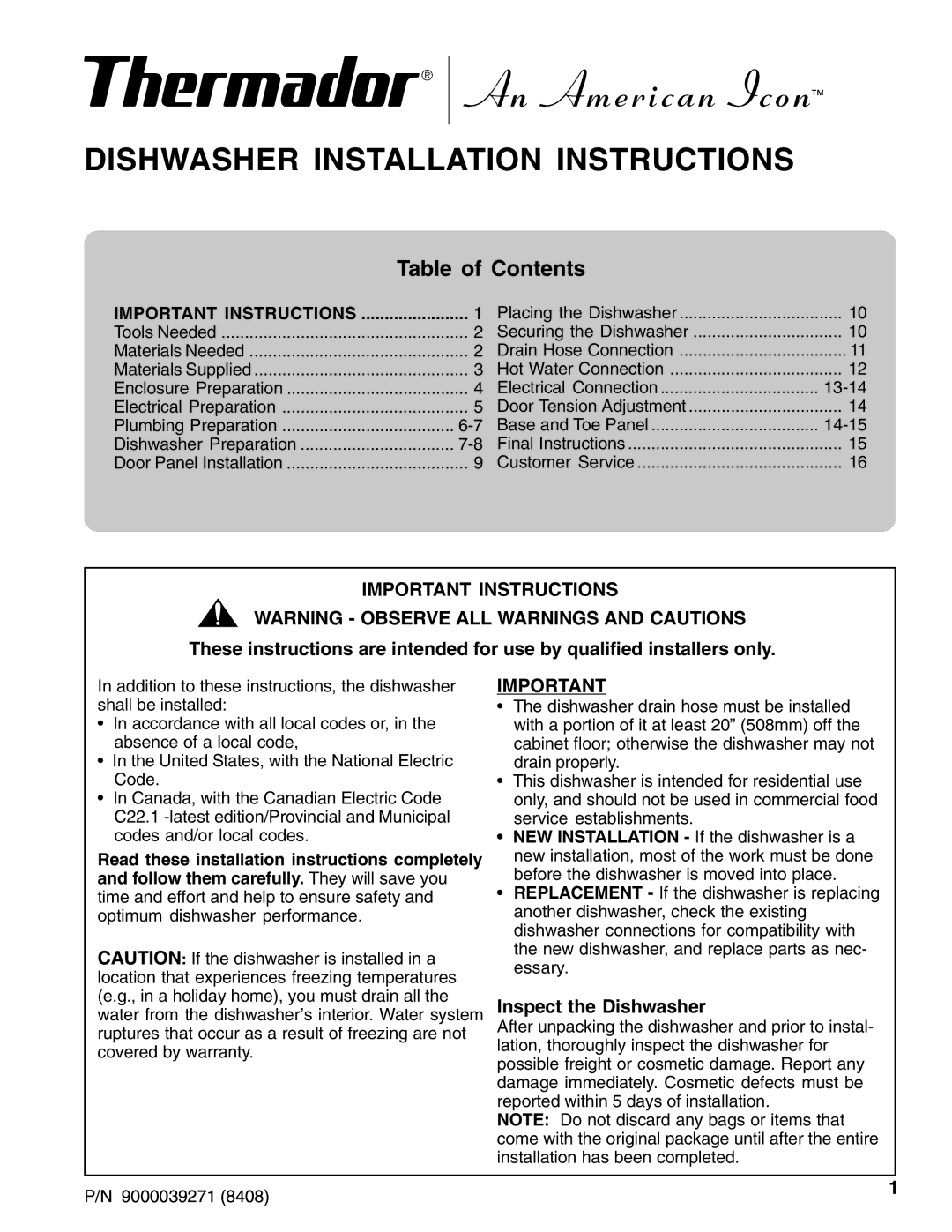 Thermador 9000039271 installation instructions Dishwasher Installation Instructions, Table of Contents 